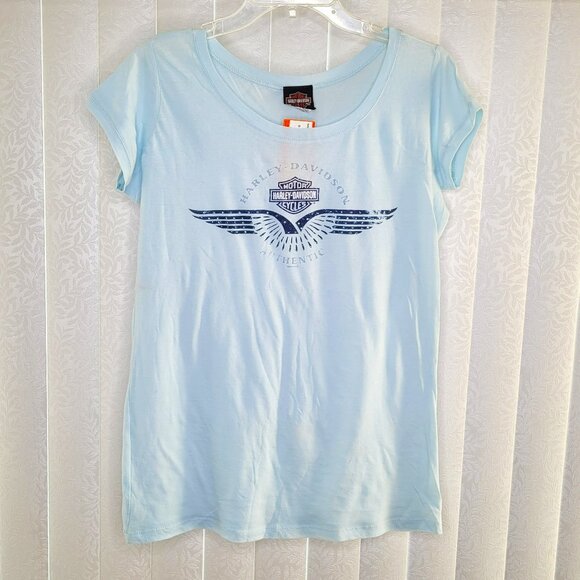 Harley-Davidson Light Blue Graphic Tee with Blue Rhinestones – Size XL (NWT) - Picture 1 of 7
